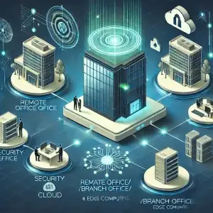 Illustrazione di ROBO (Remote Office/Branch Office) ed Edge Computing con connessioni tra uffici remoti, elaborazione dati locale e icone di sicurezza IT.